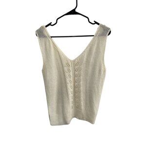 Vintage-Style Ivory Leaf Detail V-Neck Knit Sleeveless Sweater Vest Size M Retro